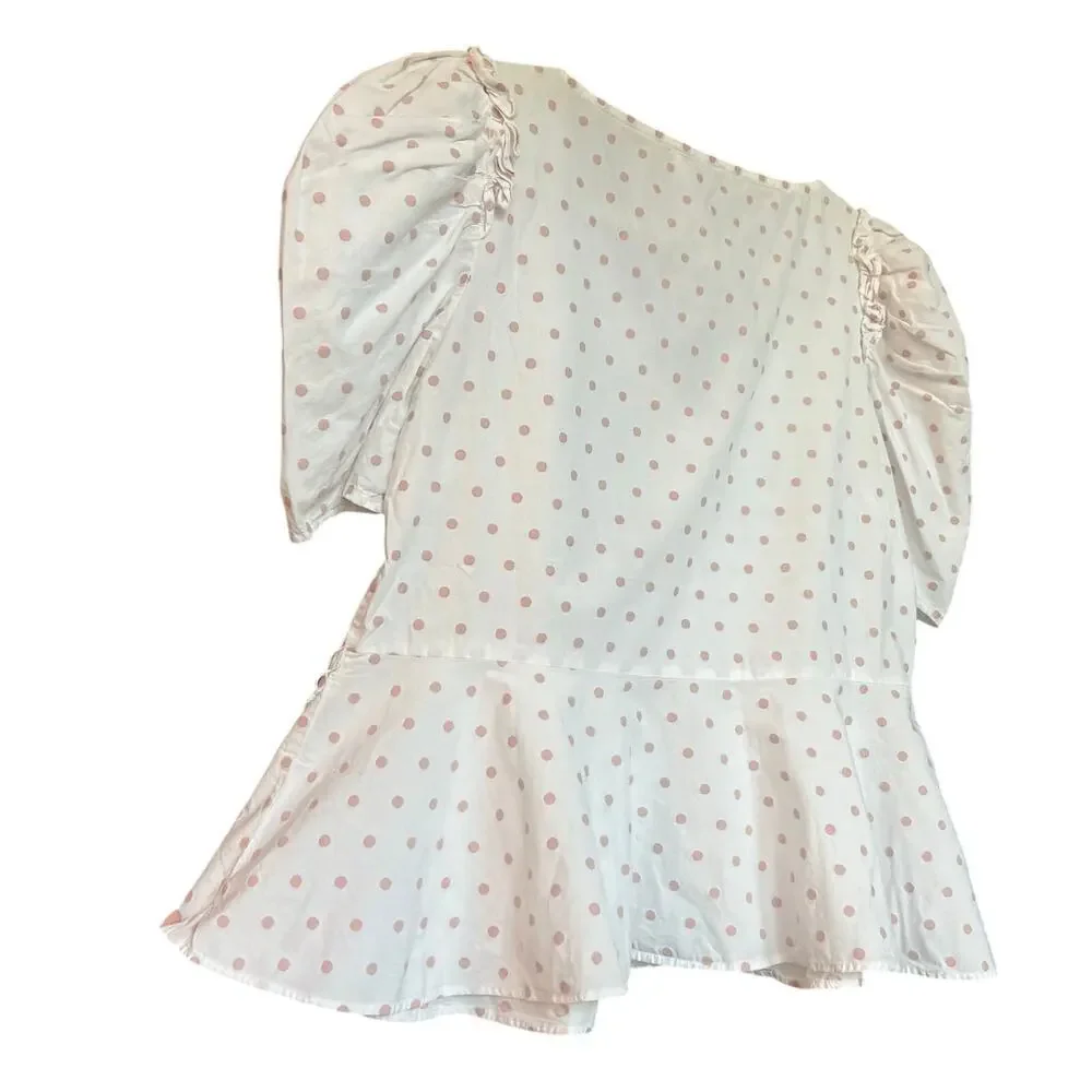 Kate Spade Women's White with Pink Polka Dots Puff Sleeve Peplum‎ Blouse